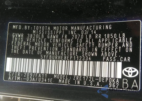 2014 Toyota Corolla L из США, поврежденный, VIN 5YFBURHE8EP112334